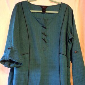 ALI MILES Tunic Top Women 1X Teal /Black 3/4 Sleeve Crinkle Popover Artsy